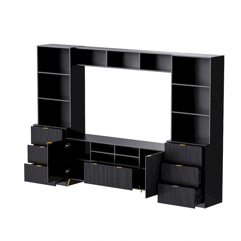 Black Fluted TV Stand with Open Bookshelf Cabinets Drawers Media Console