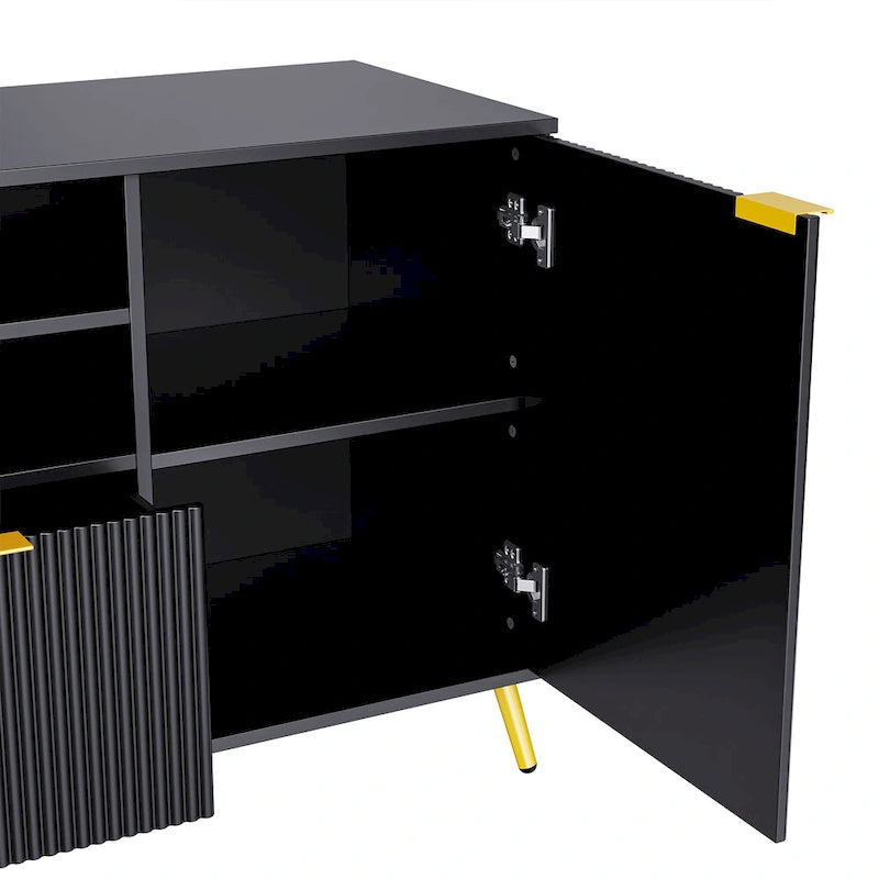 Black Fluted TV Stand with Open Bookshelf Cabinets Drawers Media Console