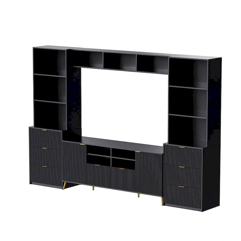 Black Fluted TV Stand with Open Bookshelf Cabinets Drawers Media Console