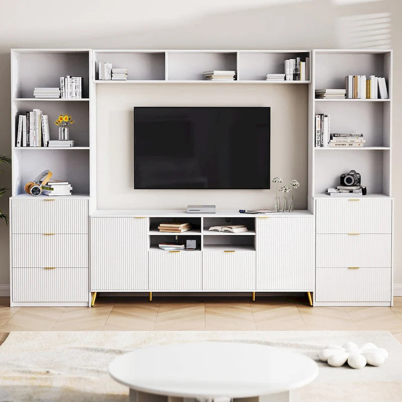 Black Fluted TV Stand with Open Bookshelf Cabinets Drawers Media Console