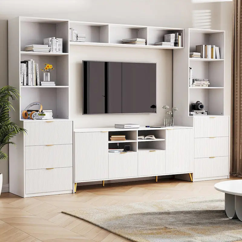 Black Fluted TV Stand with Open Bookshelf Cabinets Drawers Media Console