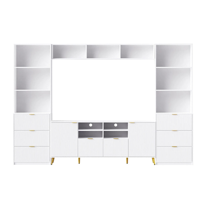Black Fluted TV Stand with Open Bookshelf Cabinets Drawers Media Console