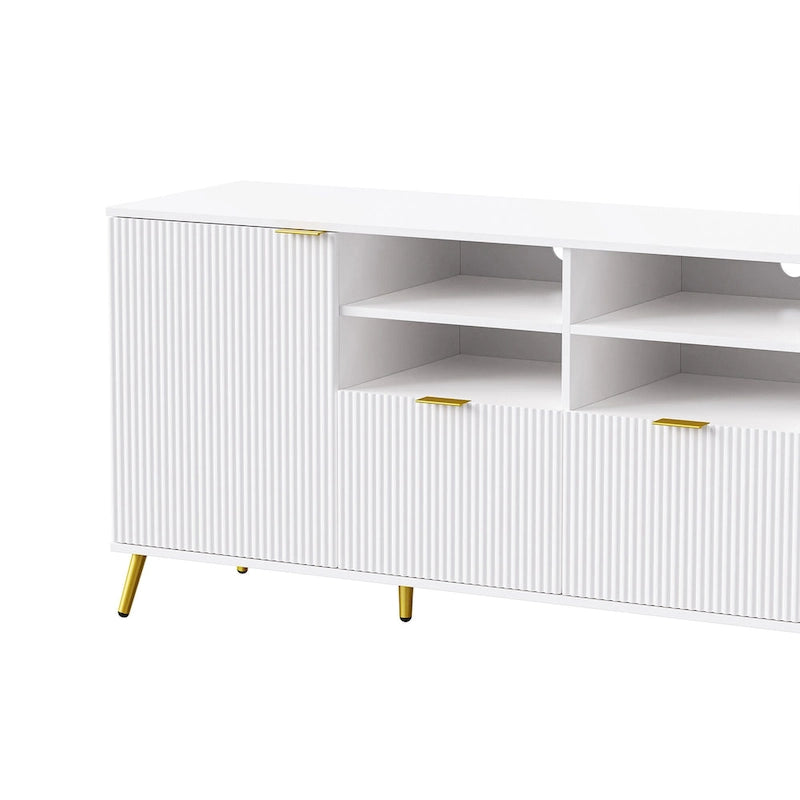 Black Fluted TV Stand with Open Bookshelf Cabinets Drawers Media Console