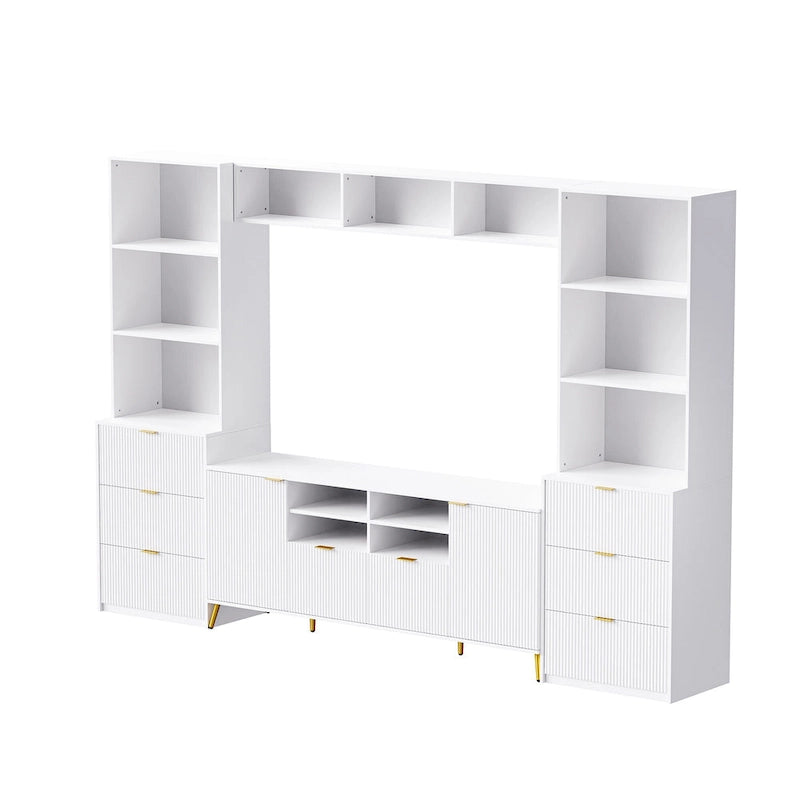 Black Fluted TV Stand with Open Bookshelf Cabinets Drawers Media Console