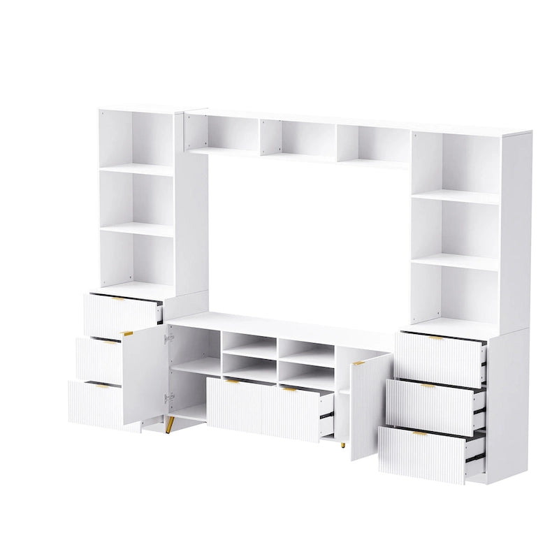 Black Fluted TV Stand with Open Bookshelf Cabinets Drawers Media Console