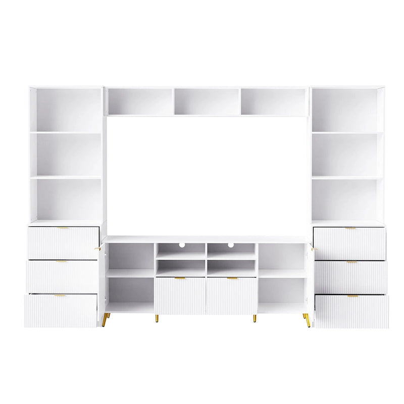 Black Fluted TV Stand with Open Bookshelf Cabinets Drawers Media Console