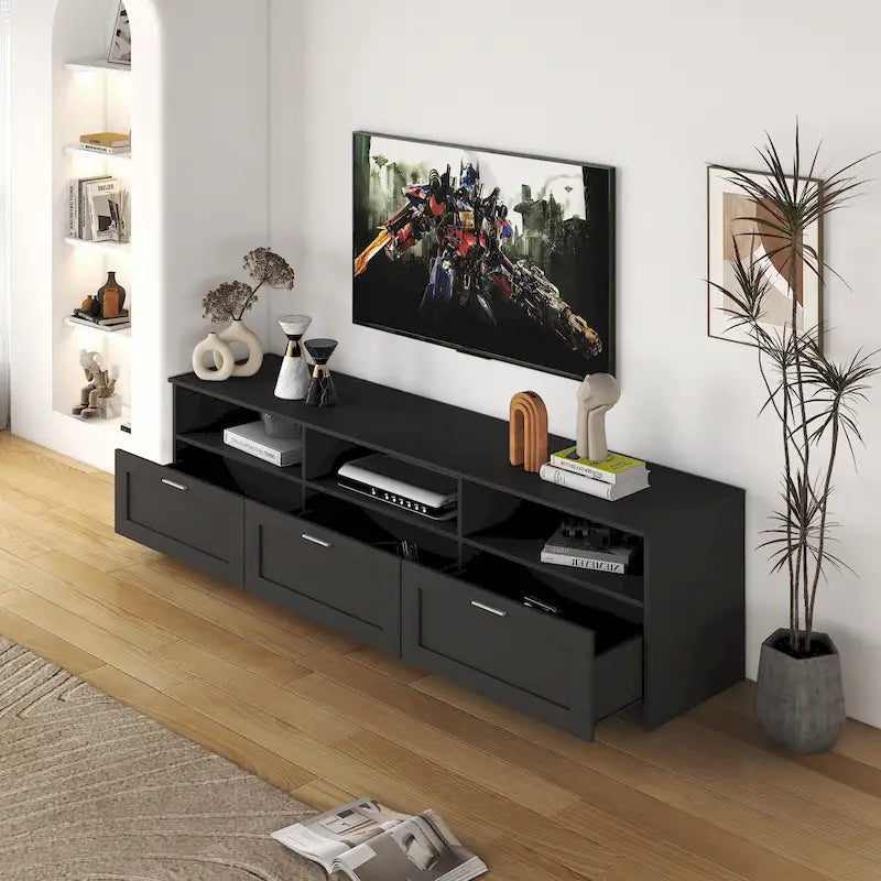Modern Black 70-Inch TV Stand with Open Shelves and Storage Drawers