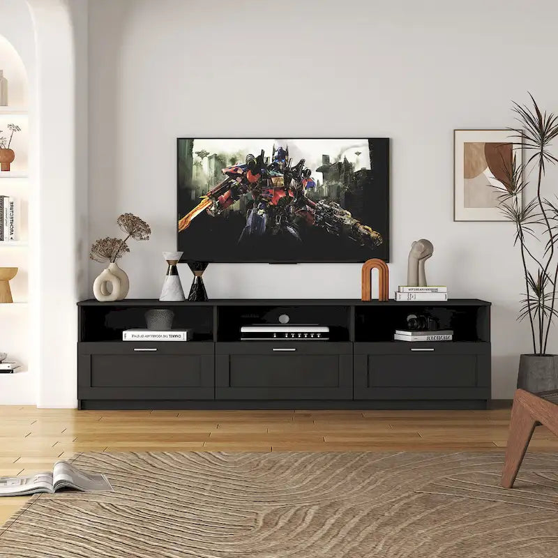 Modern Black 70-Inch TV Stand with Open Shelves and Storage Drawers