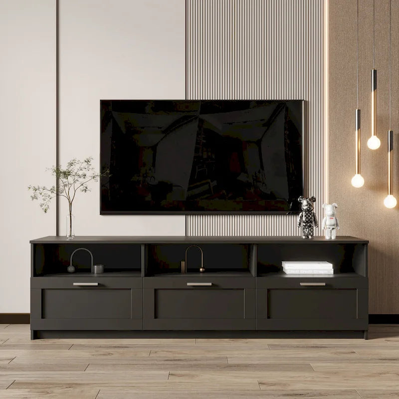 Modern Black 70-Inch TV Stand with Open Shelves and Storage Drawers