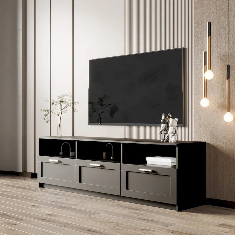 Modern Black 70-Inch TV Stand with Open Shelves and Storage Drawers