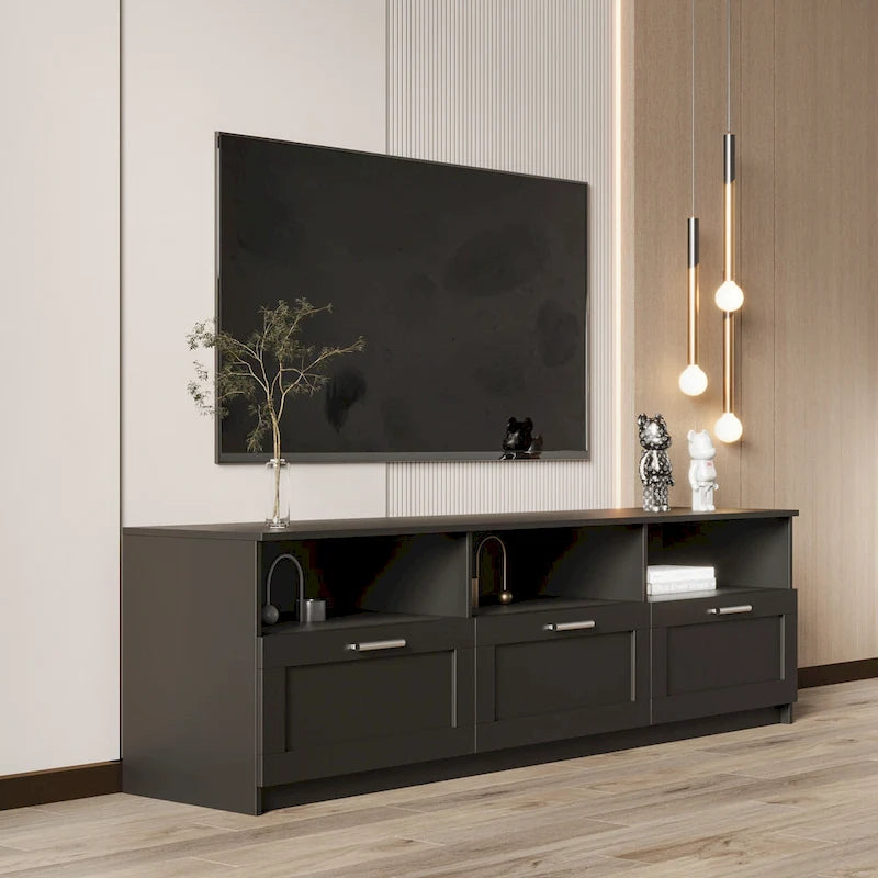 Modern Black 70-Inch TV Stand with Open Shelves and Storage Drawers