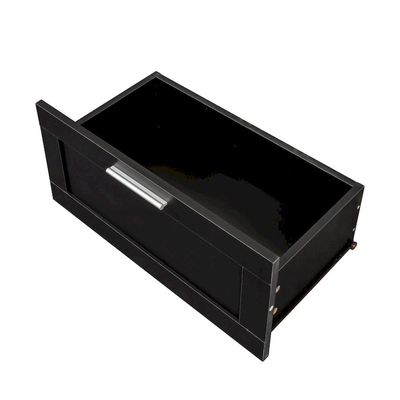 Modern Black 70-Inch TV Stand with Open Shelves and Storage Drawers