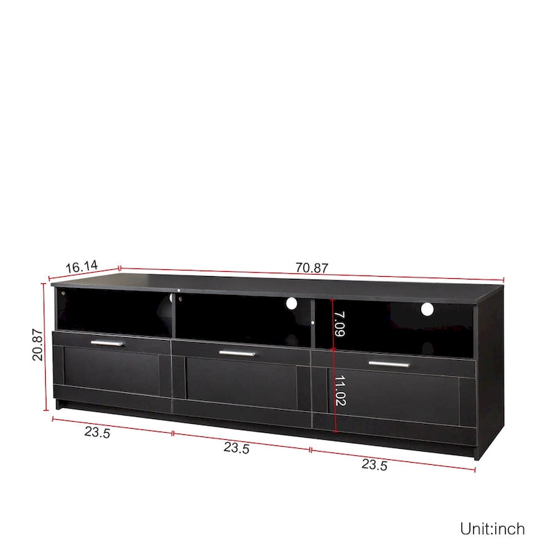 Modern Black 70-Inch TV Stand with Open Shelves and Storage Drawers