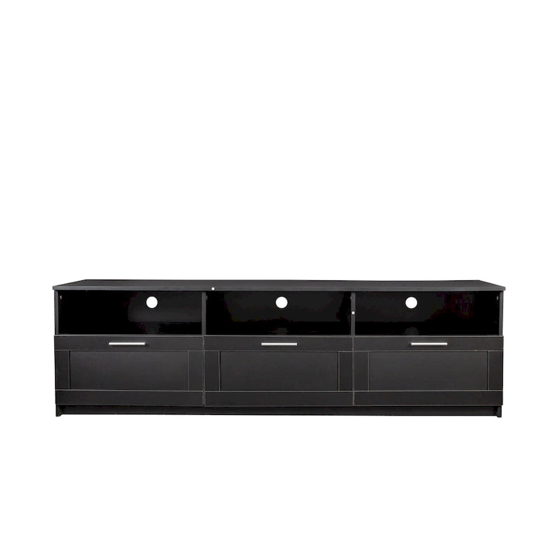 Modern Black 70-Inch TV Stand with Open Shelves and Storage Drawers