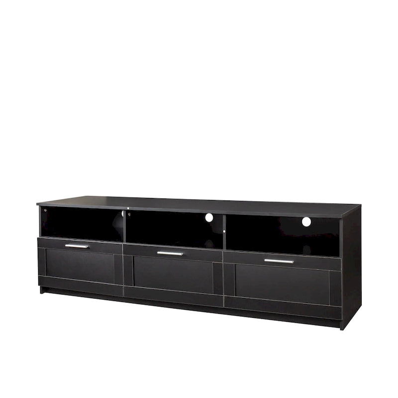 Modern Black 70-Inch TV Stand with Open Shelves and Storage Drawers