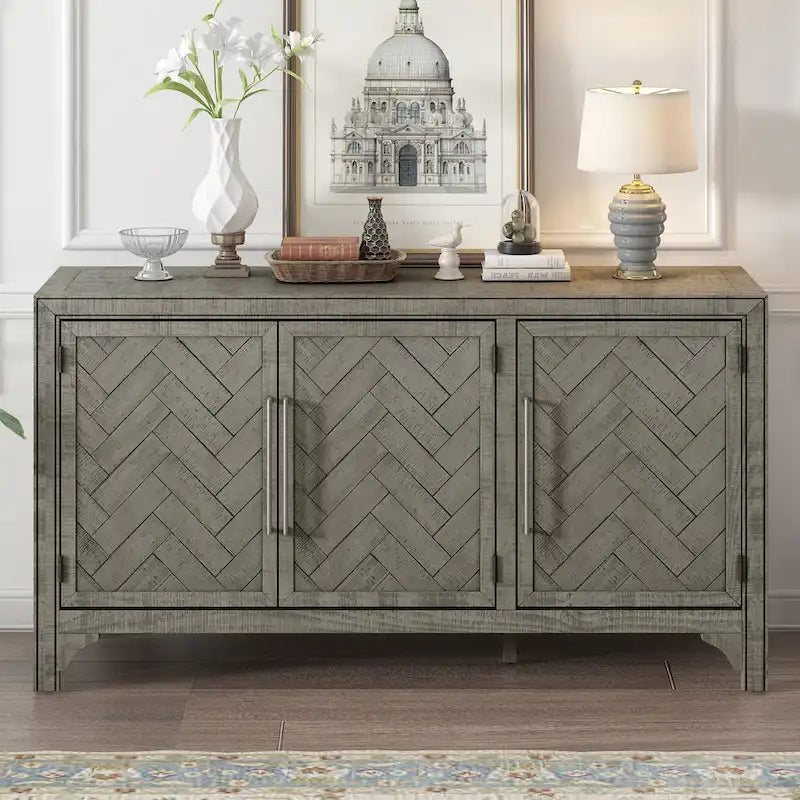 3-Door Pine Veneer Sideboard Storage Cabinet with Adjustable Shelves, Gray & Navy Blue