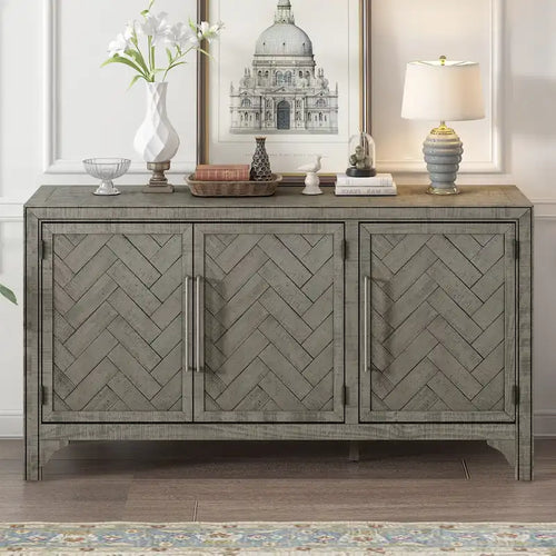 3-Door Pine Veneer Sideboard Storage Cabinet with Adjustable Shelves, Gray & Navy Blue