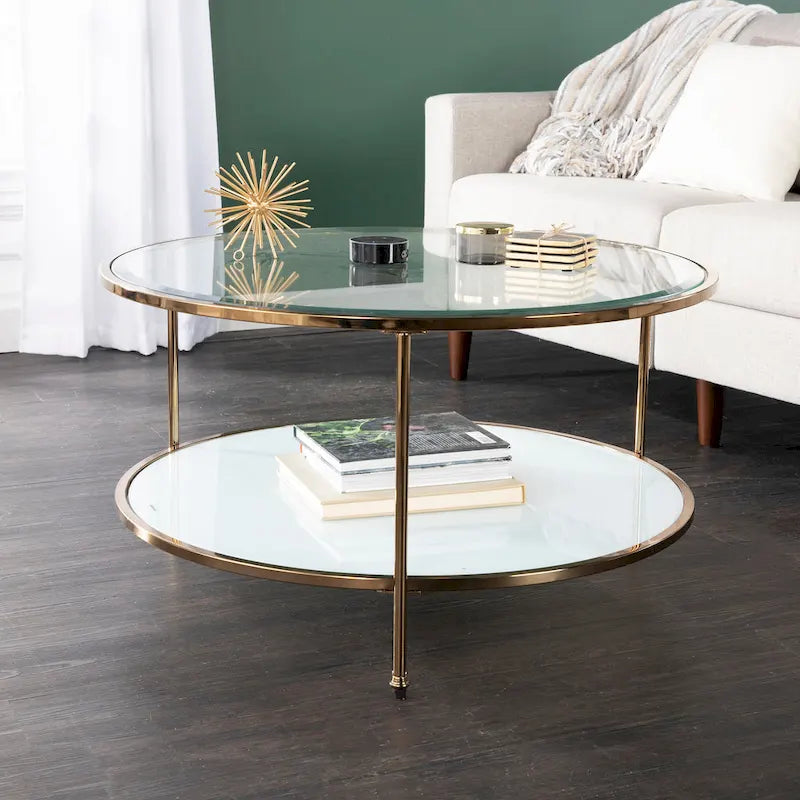 Round Two-Tier Glass Top Coffee Table with Metallic Gold Frame