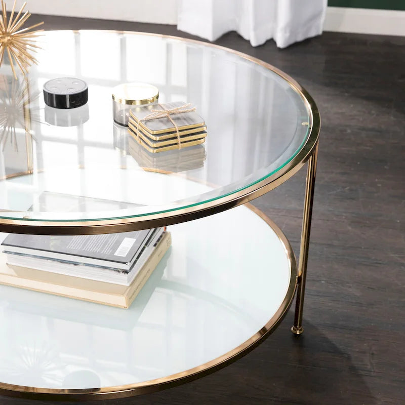 Round Two-Tier Glass Top Coffee Table with Metallic Gold Frame