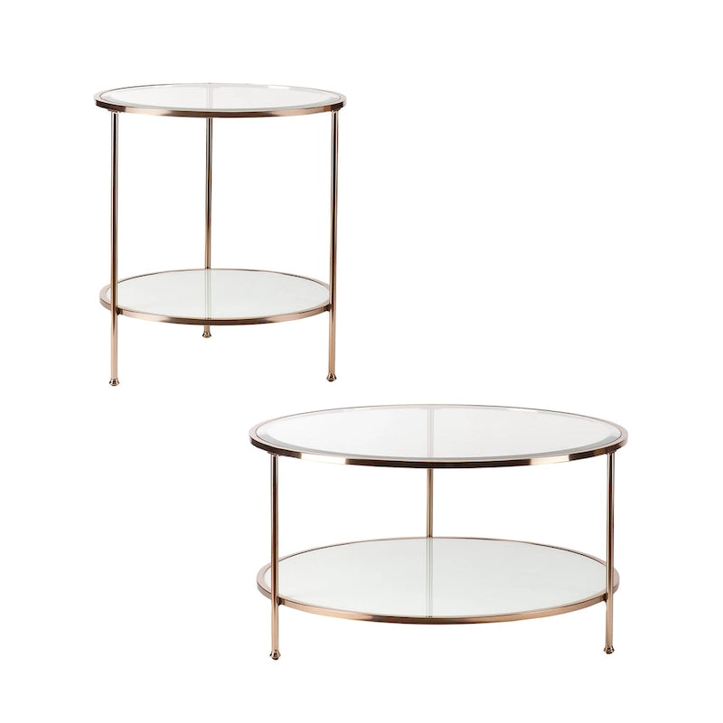 Round Two-Tier Glass Top Coffee Table with Metallic Gold Frame