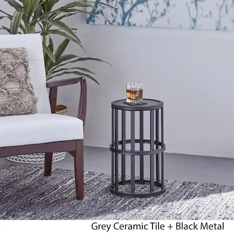 Industrial Round Iron Frame Ceramic Tile Top Grey Black Side Table