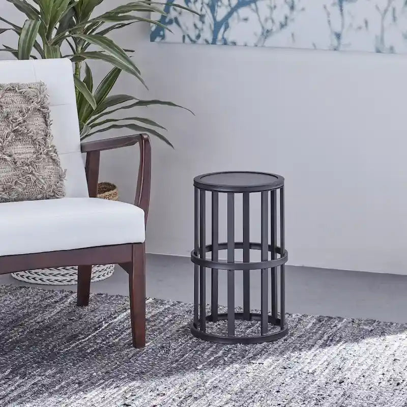 Industrial Round Iron Frame Ceramic Tile Top Grey Black Side Table