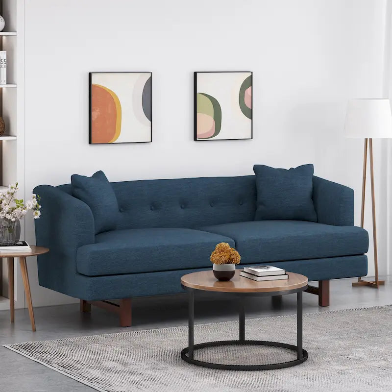 Mid-Century Modern Upholstered Sofa with Tufted Back and Accent Pillows, Navy Blue