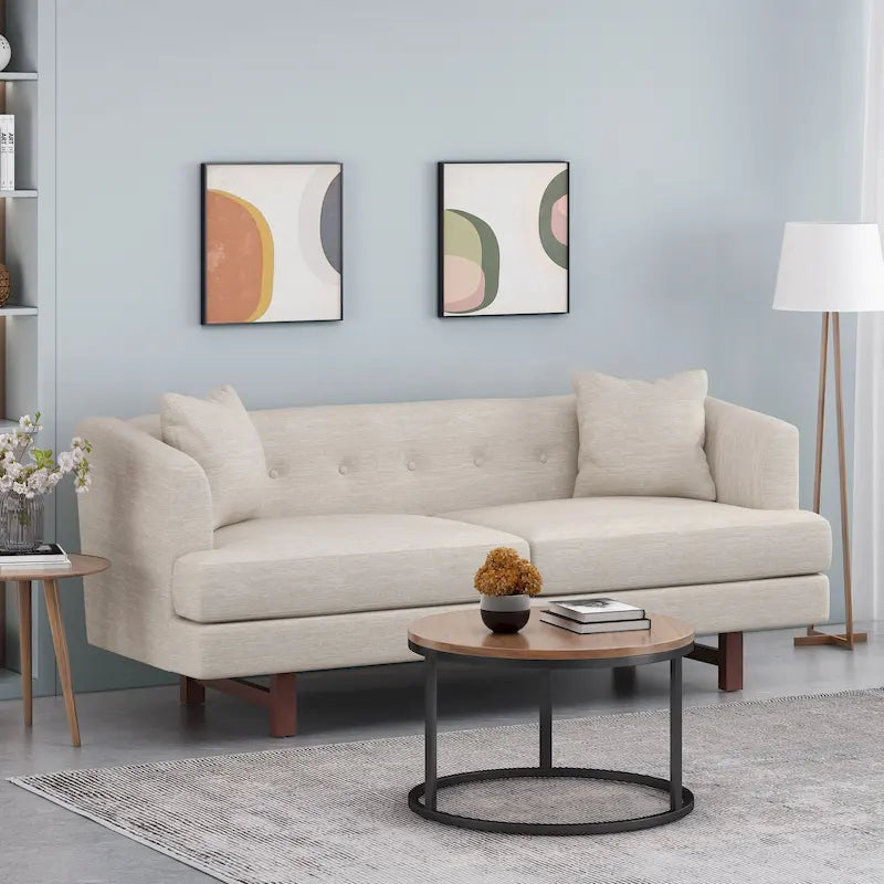 Mid-Century Modern Upholstered Sofa with Tufted Back and Accent Pillows, Navy Blue