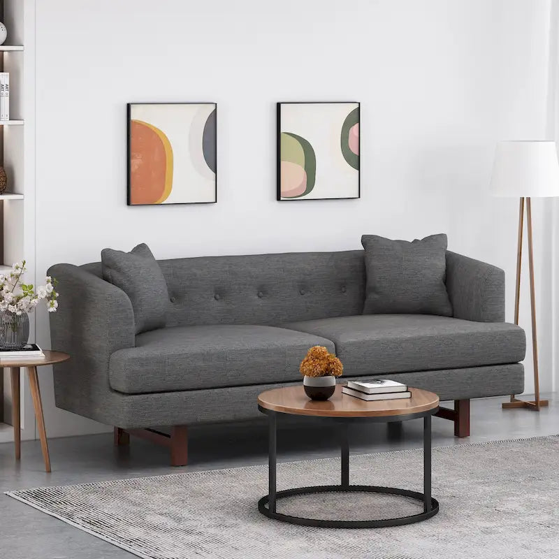 Mid-Century Modern Upholstered Sofa with Tufted Back and Accent Pillows, Navy Blue