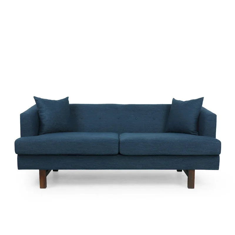 Mid-Century Modern Upholstered Sofa with Tufted Back and Accent Pillows, Navy Blue