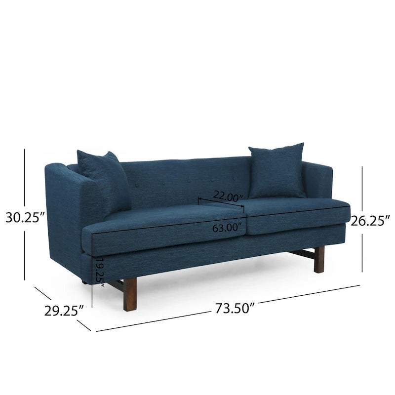 Mid-Century Modern Upholstered Sofa with Tufted Back and Accent Pillows, Navy Blue