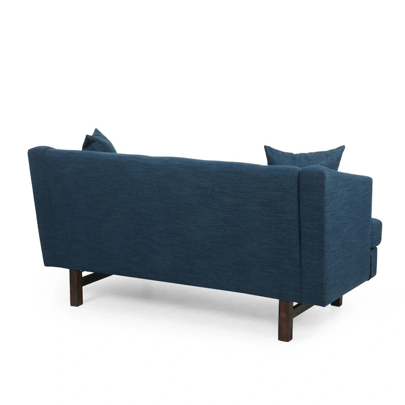 Mid-Century Modern Upholstered Sofa with Tufted Back and Accent Pillows, Navy Blue