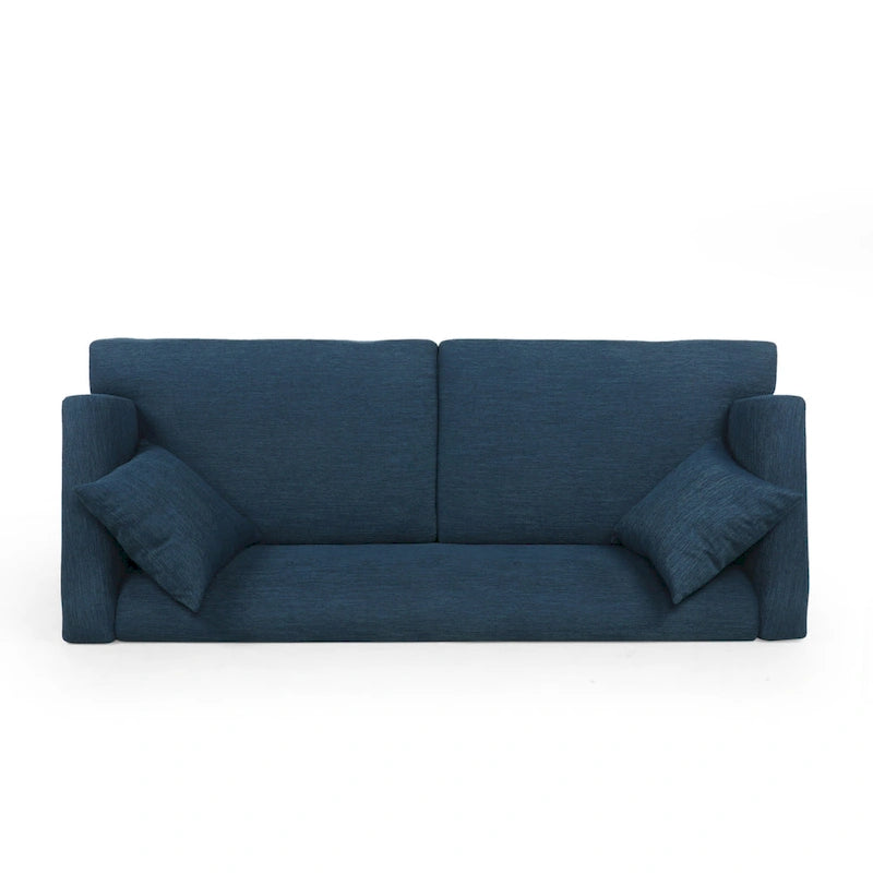 Mid-Century Modern Upholstered Sofa with Tufted Back and Accent Pillows, Navy Blue