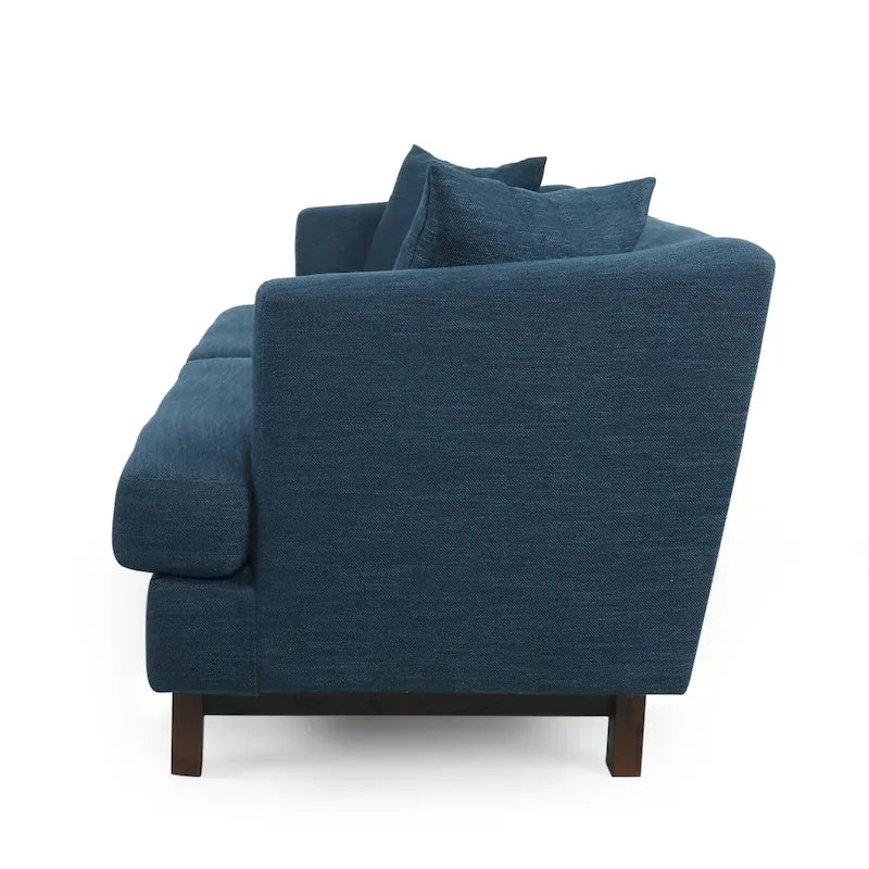 Mid-Century Modern Upholstered Sofa with Tufted Back and Accent Pillows, Navy Blue