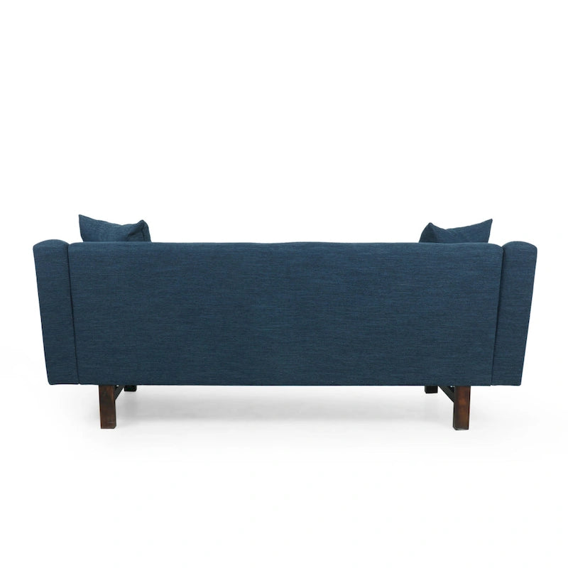 Mid-Century Modern Upholstered Sofa with Tufted Back and Accent Pillows, Navy Blue