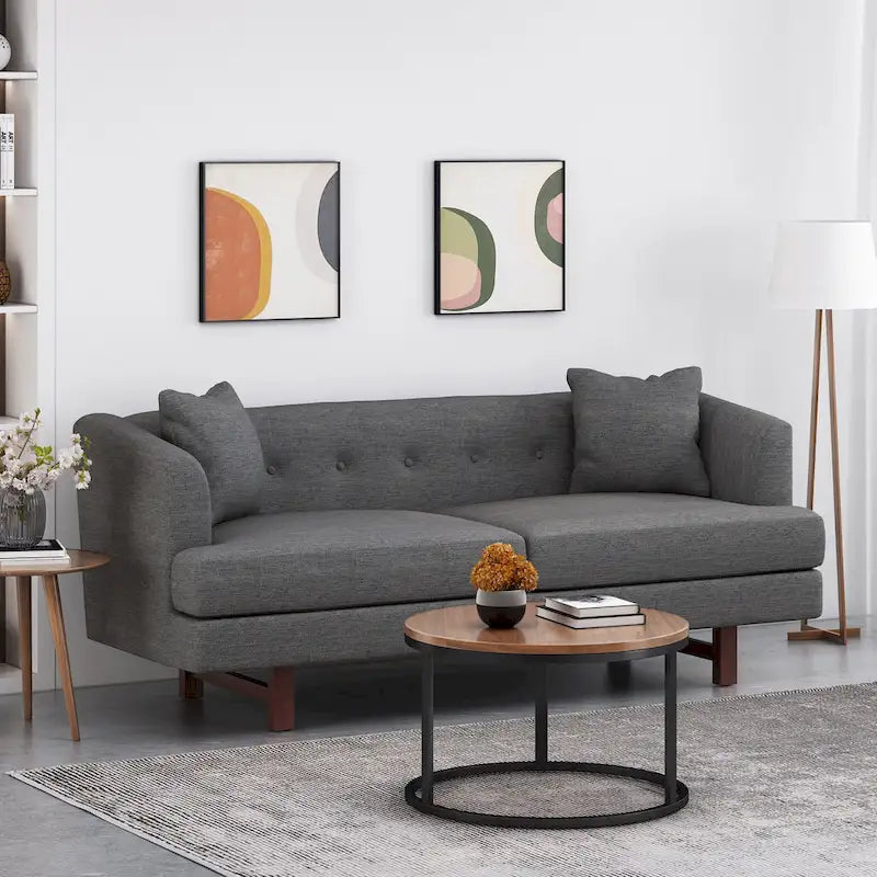 Mid-Century Modern Upholstered Sofa with Tufted Back and Accent Pillows, Navy Blue