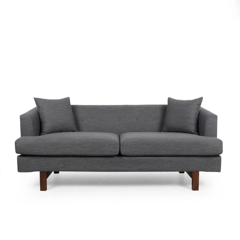 Mid-Century Modern Upholstered Sofa with Tufted Back and Accent Pillows, Navy Blue