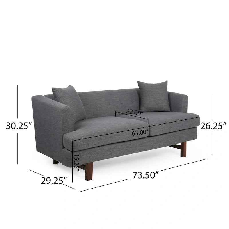 Mid-Century Modern Upholstered Sofa with Tufted Back and Accent Pillows, Navy Blue
