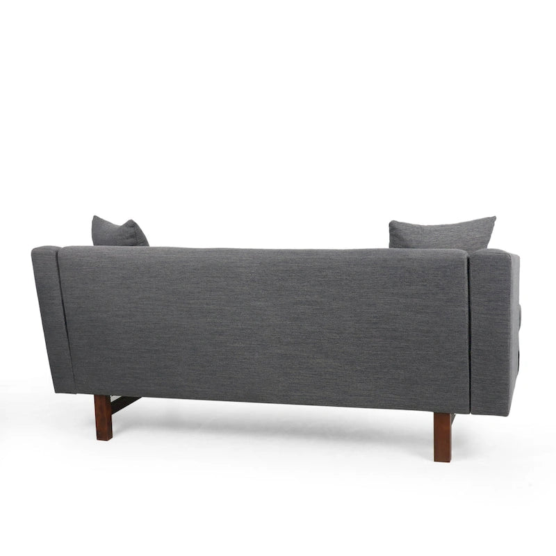 Mid-Century Modern Upholstered Sofa with Tufted Back and Accent Pillows, Navy Blue
