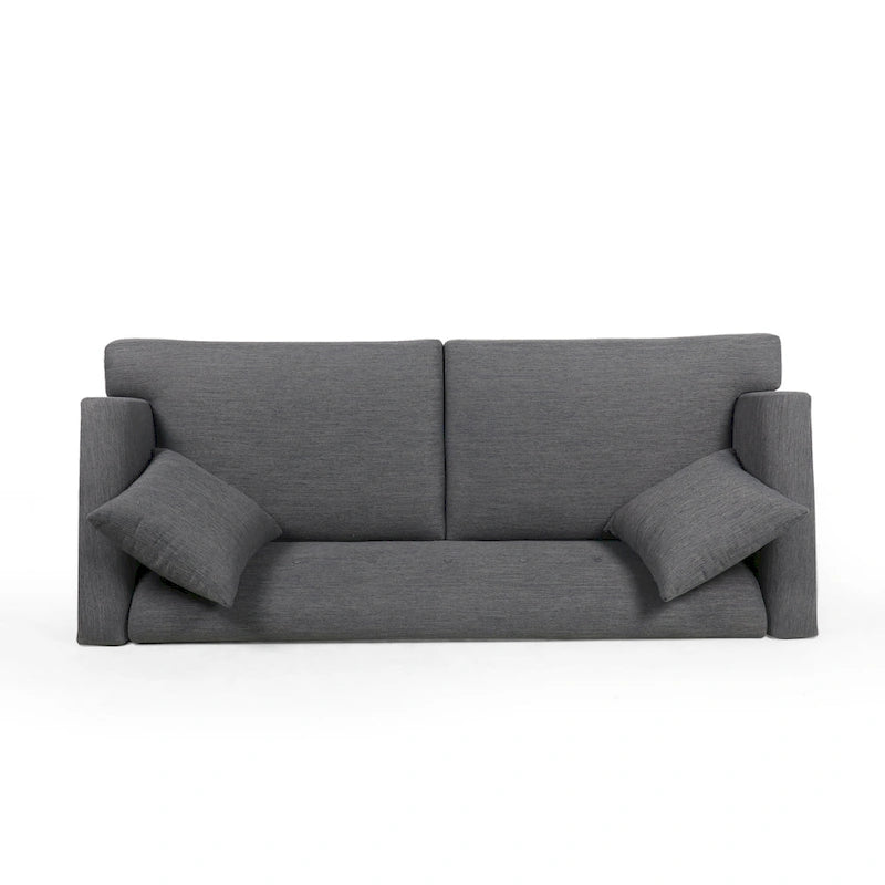 Mid-Century Modern Upholstered Sofa with Tufted Back and Accent Pillows, Navy Blue