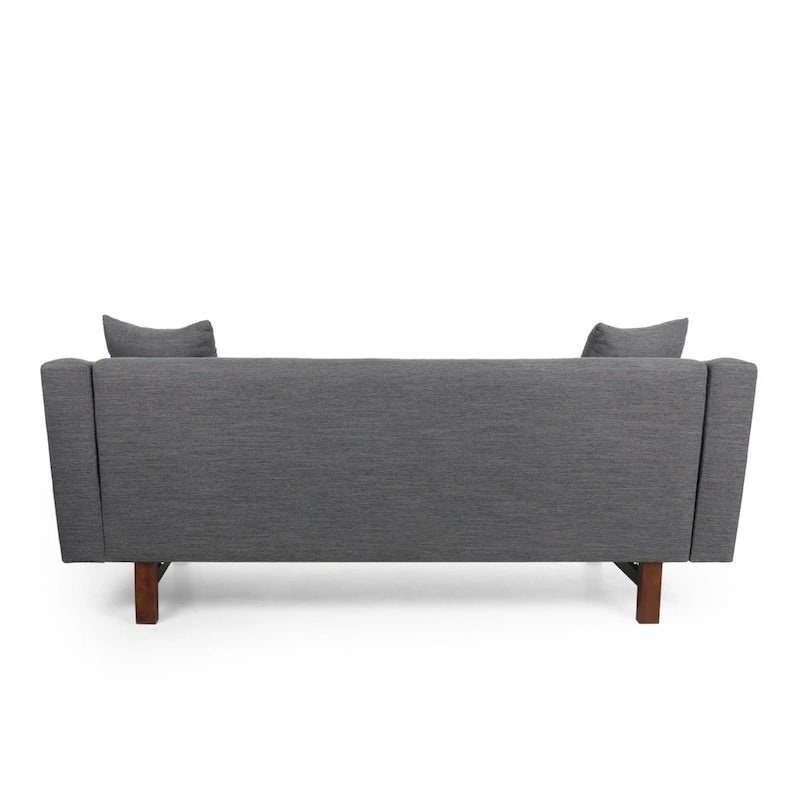 Mid-Century Modern Upholstered Sofa with Tufted Back and Accent Pillows, Navy Blue