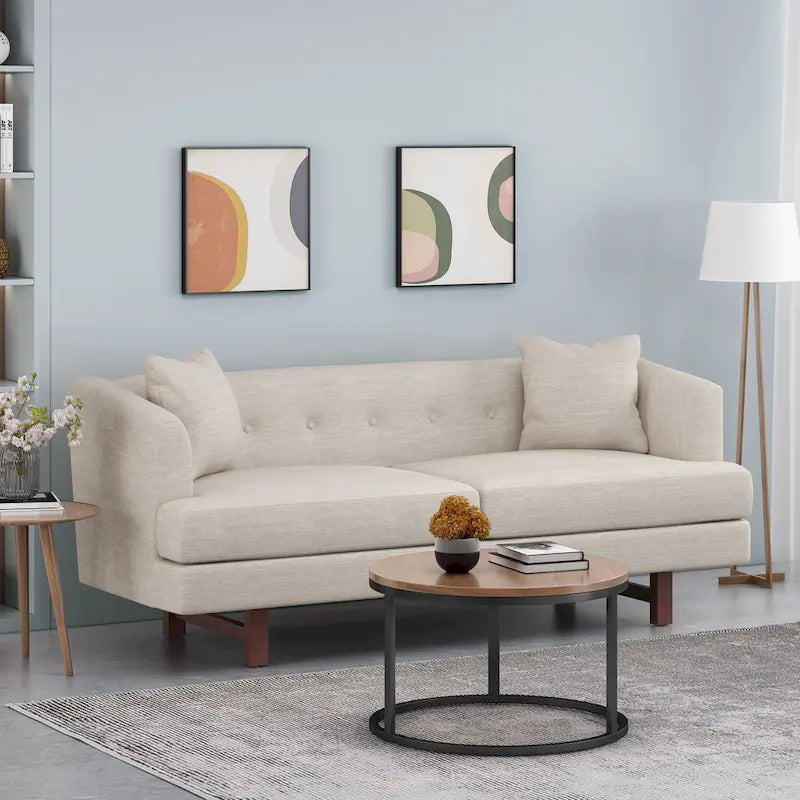 Mid-Century Modern Upholstered Sofa with Tufted Back and Accent Pillows, Navy Blue
