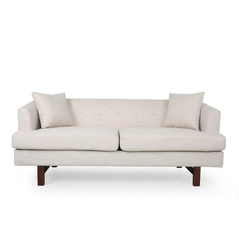 Mid-Century Modern Upholstered Sofa with Tufted Back and Accent Pillows, Navy Blue