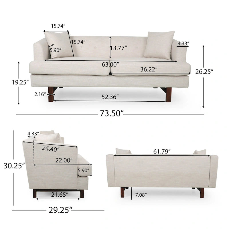Mid-Century Modern Upholstered Sofa with Tufted Back and Accent Pillows, Navy Blue