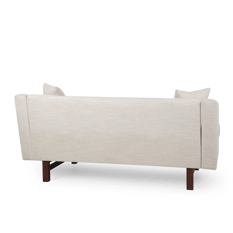Mid-Century Modern Upholstered Sofa with Tufted Back and Accent Pillows, Navy Blue