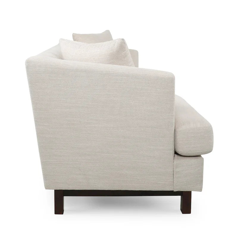 Mid-Century Modern Upholstered Sofa with Tufted Back and Accent Pillows, Navy Blue