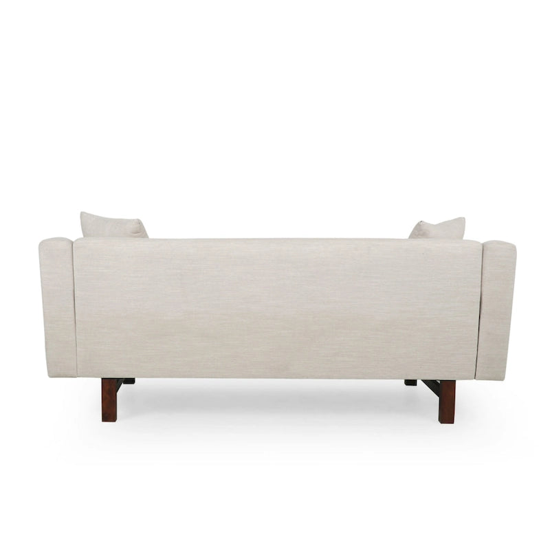 Mid-Century Modern Upholstered Sofa with Tufted Back and Accent Pillows, Navy Blue