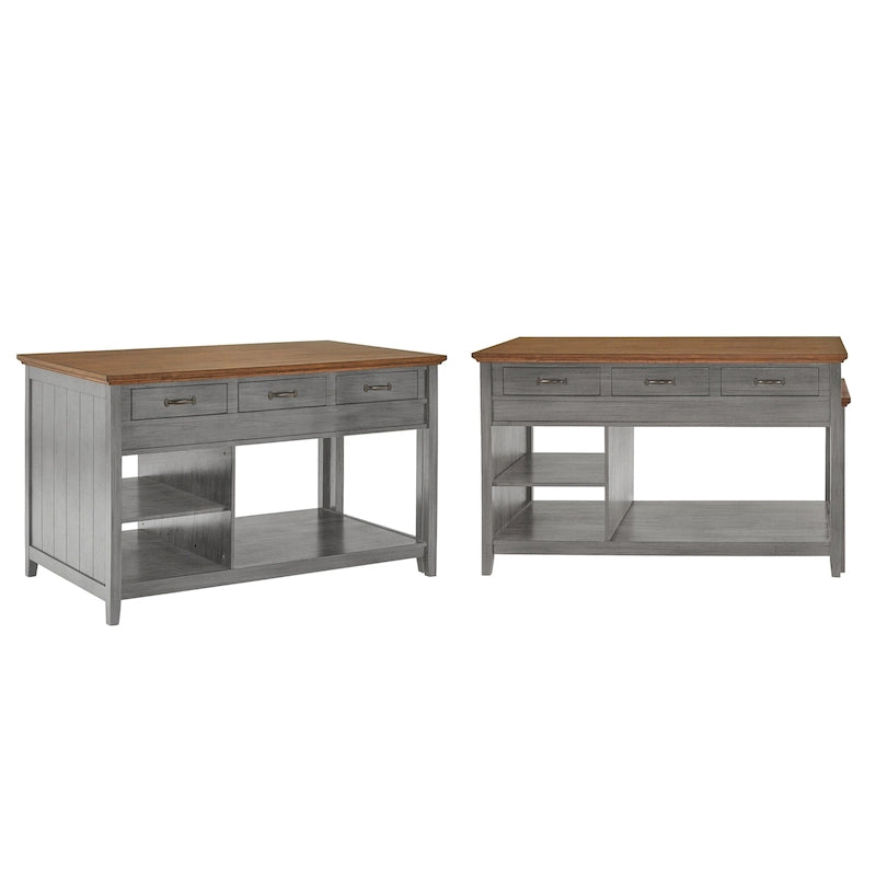 Two-Tone Oak Top Antique Finish Extendable Kitchen Island Three Drawers