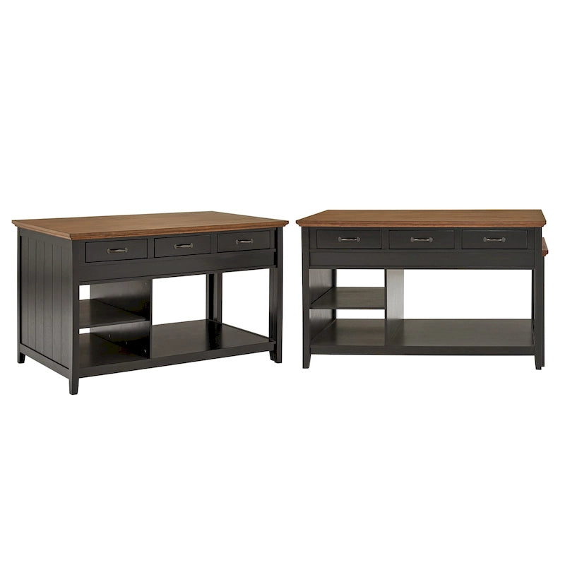 Two-Tone Oak Top Antique Finish Extendable Kitchen Island Three Drawers