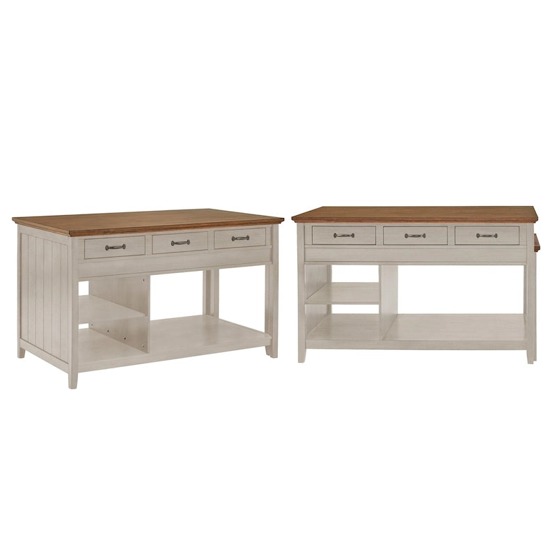Two-Tone Oak Top Antique Finish Extendable Kitchen Island Three Drawers